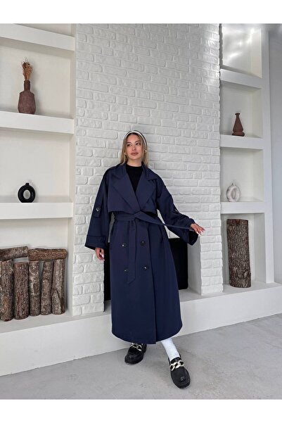 Bella Breeze Trenci lung și lat pentru femei, cu detaliu cu nasturi, cu centu...