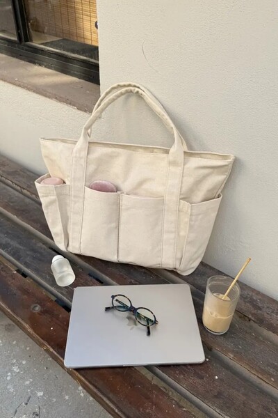 LEONAS Canvas Multi-Eye Women's Hand and Shoulder Bag Salva Cream