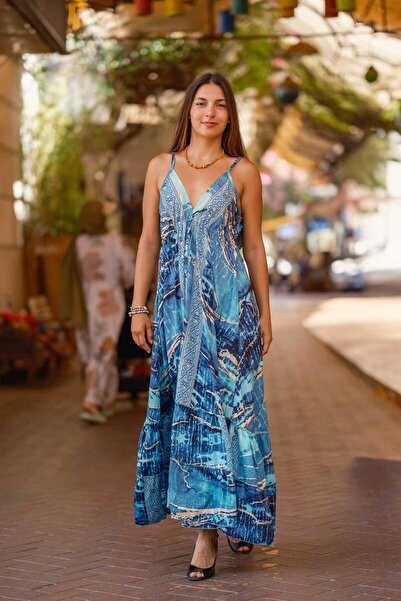 Miss Boheme Turquoise Color Gold Detailed Front Back V Neck Ruffle Detailed Silk Dress