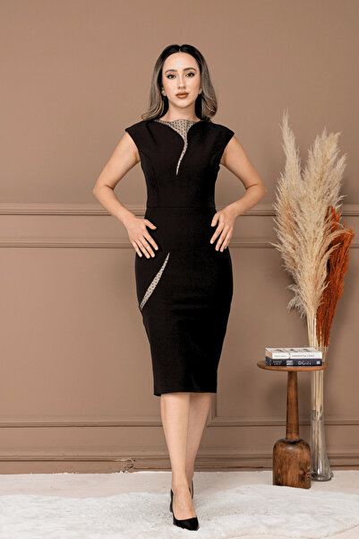 BEYBOS Double Kumaş Tasarım Kalem Elbise - SİYAH