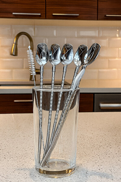 CEZVE HOME Stainless Steel Latte Spoon Cocktail Stirrer with 6 Spoons, Steel Straw Brush Gift - Rose