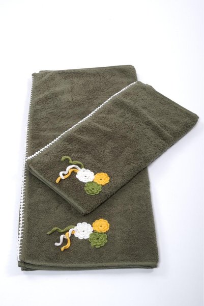 Türkühome Cotton Embroidered Patterned 2-Piece Head and Body Towel Set (1 Head Towel + 1 Body Towel)