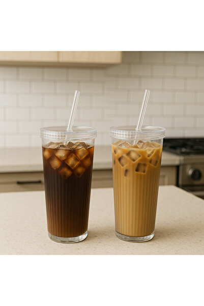 CEZVE HOME 2 Pieces 600 ml Mica Cups with Lid and Straw | Presentation Cup Soft Drink Cup