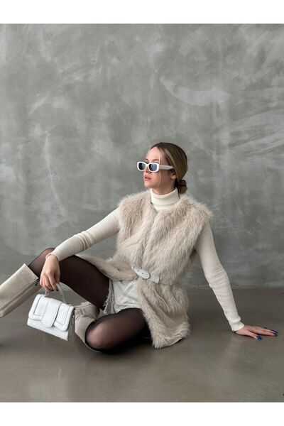 SUN STYLE Kadın Bej Cep ve Astar Detaylı Yaka Kancalı Uzun Kürk Yelek