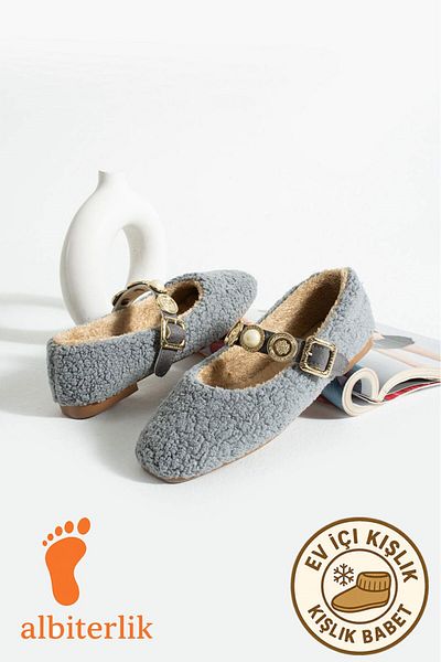 AlbiShoes Women's Winter Stoned Buckle Plush Wool Home Ballerina Dowry Bundle Fluffy Indoor Outdoor Ballerina