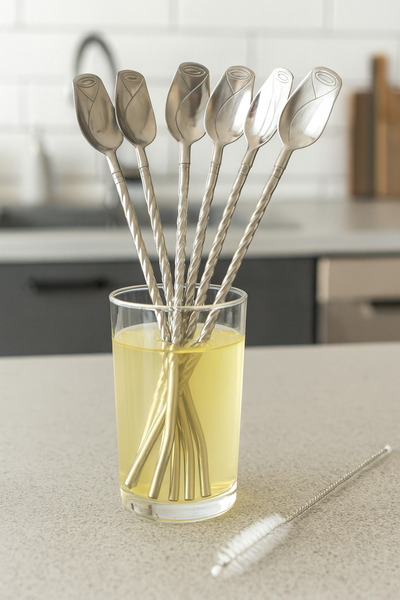 CEZVE HOME Stainless Steel Latte Spoon Cocktail Stirrer with 6 Spoons, Steel Straw Brush Gift - Rose