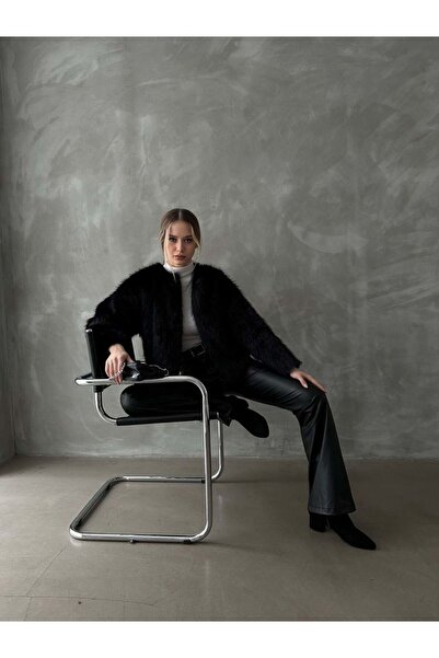 SUN STYLE Palton crop din blană neagră pentru femei, cu cârlig și căptușit