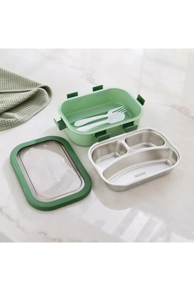 Home Box Ezra Stainless Steel 3-Grid Lunch Box with Spoon and Fork - 850 ml