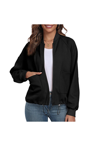 OEM Bluză sport, mânecă lungă, decolteu în V cu fermoar, neagră M