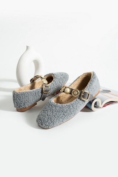 AlbiShoes Women's Winter Stoned Buckle Plush Wool Home Ballerina Dowry Bundle Fluffy Indoor Outdoor Ballerina