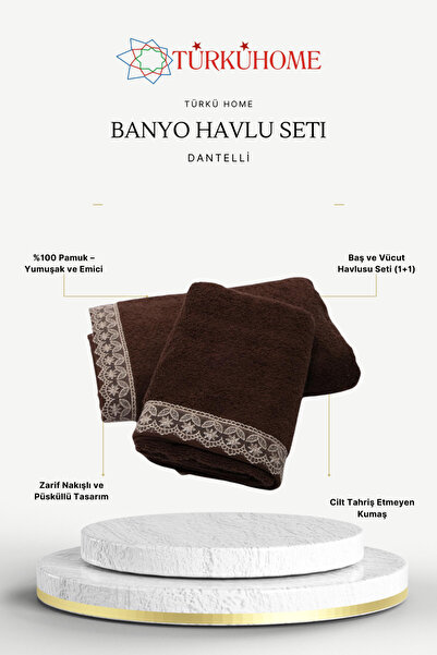Türkühome Cotton Embroidered Lace 2-Piece Head and Body Towel Set (1 Head Tow...