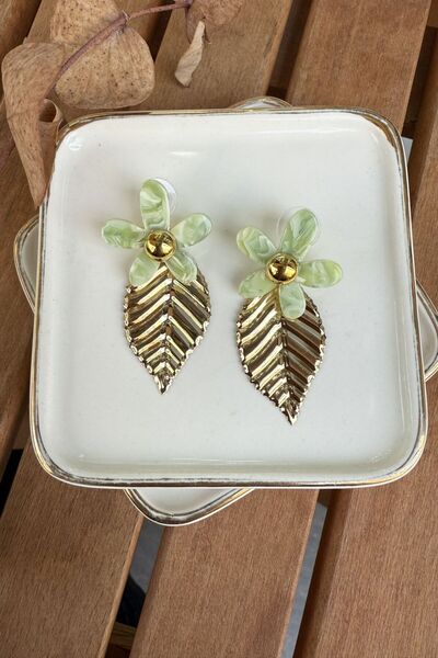 My Joyas Design Leaf Earrings with Green Plate on Top