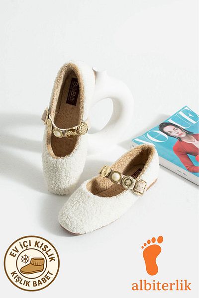 AlbiShoes Women's Winter Stoned Buckle Plush Wool Home Ballerina Dowry Bundle Fluffy Indoor Outdoor Ballerina