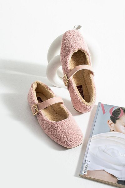 AlbiShoes Women's Winter Belted Buckle Plush Woolen Furry Dowry Bundle Fluffy Home Indoor Outdoor Ballerinas