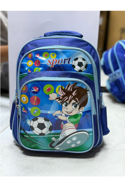 IQTENA Kids’ Sports Backpack – Navy & Light Blue, Football Design with Multiple Pockets and Side Mesh