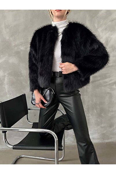 SUN STYLE Palton crop din blană neagră pentru femei, cu cârlig și căptușit