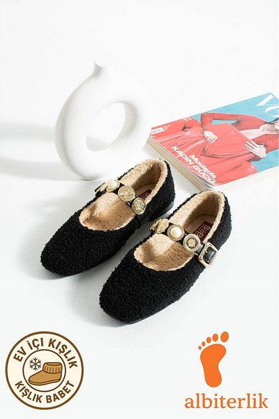 AlbiShoes Women's Winter Stoned Buckle Plush Wool Home Ballerina Dowry Bundle Fluffy Indoor Outdoor Ballerina