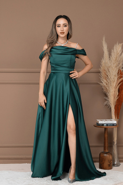 BEYBOS Saten Kumaş Büzgülü Askılı Abiye Elbise - ZÜMRÜT YEŞİL