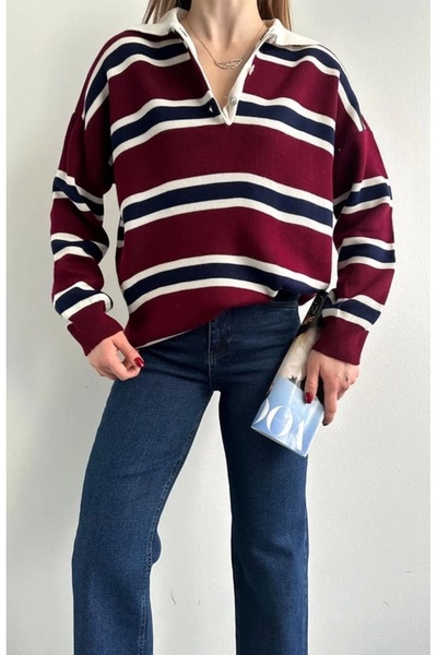 Lusin Women's Polo Neck Burgundy Oversize Sweater