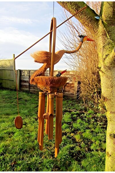Wolawood Leylek Yuvası Doğal Bambu Rüzgar Çanı Yavrulu Asmalı Süs Bahçe, Balk...