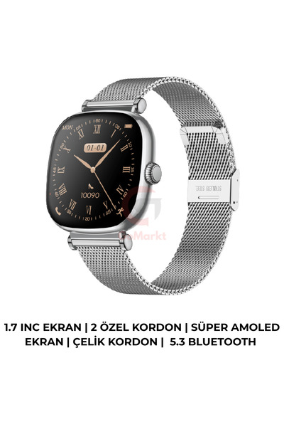 GoMarkt Premium Kadın Akıllı Saat 1.7 Super Amoled Ekran Çelik Kordon | 210 m...