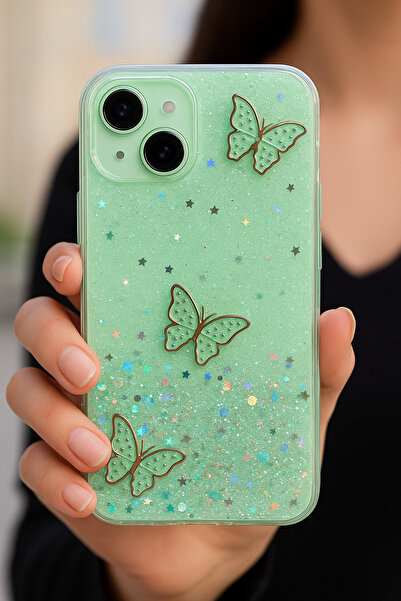 Rivor Apple iPhone 13 - 14- 15 Kılıf Kamera Çıkıntılı Simli Kelebek Kabartmal...