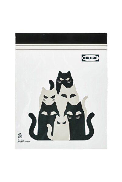 IKEA COZY ROOM - KUSTFYR Kilitlenebilir Buzdolabı Poşeti, kedi deseni gri, 1 lt, 25 adet