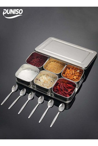 Generic 6-Grid Square Stainless Steel Spice Box, Kitchen Masala Spice Box, Mo...