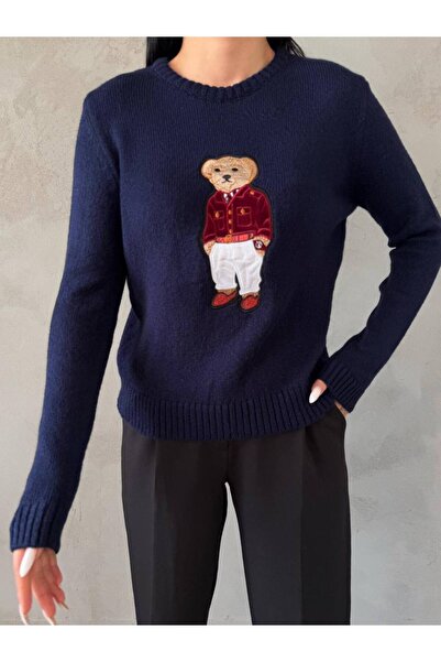 Lusin Women's Navy Blue Teddy Bear Crew Neck Sweater