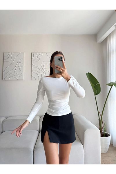 Zoom Butik Side Elastic Boat Neck Crop - White