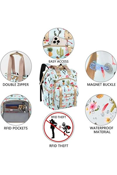 OEM Rucsac impermeabil pentru femei cu 6 buzunare cu fermoar - albastru cu model