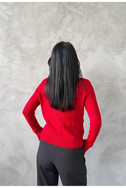 Lusin Women's Red Teddy Bear Crew Neck Knitwear Sweater