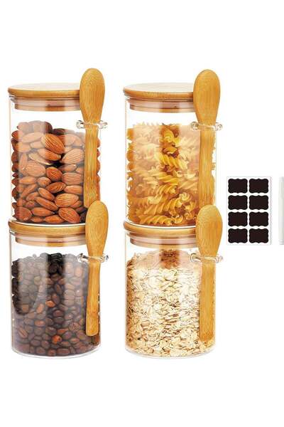 Generic 4-Pack 550ml(18.6oz) Glass Jars With Aitight Bamboo Lids and Spoon,Spice Jars Overnight Oats Jars B