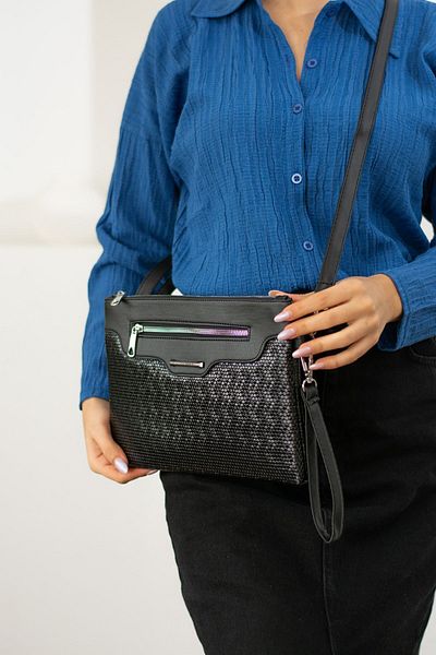 H&D COLLECTİON Women's Faux Leather Black Drop Patterned Portfolio Bag with Adjustable Cross Strap and Hand Strap