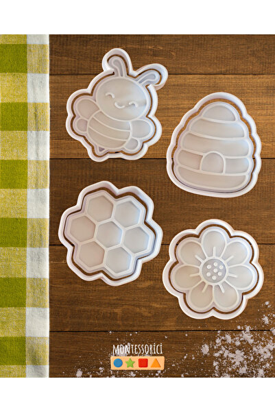 Montessori 8 Piece Bee Themed Cookie Mold Set Stamp and Cutter – Bee, Honeycomb, Flower, Hive