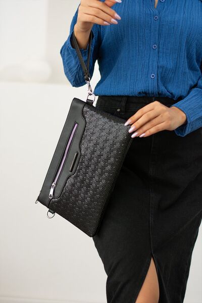 H&D COLLECTİON Women's Faux Leather Black Drop Patterned Portfolio Bag with Adjustable Cross Strap and Hand Strap