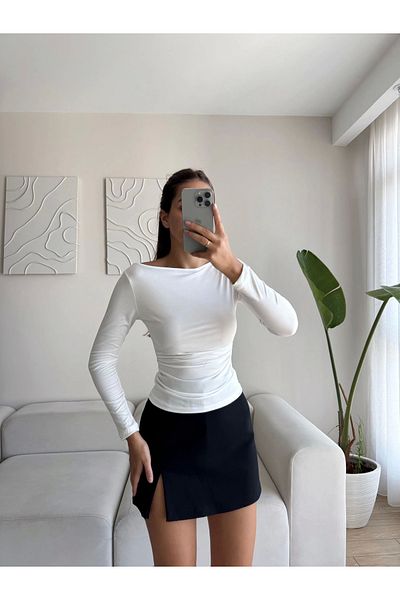 Zoom Butik Side Elastic Boat Neck Crop - White