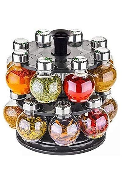 Generic 16-Piece Round Rotating Glass Jar Rack Set Black/Silver