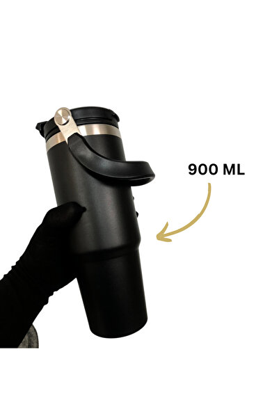 KAAF CREATIONS Black Stainless Steel Tumbler 900ML with Flip Straw & Handle | Personalized Name & Logo Engraving