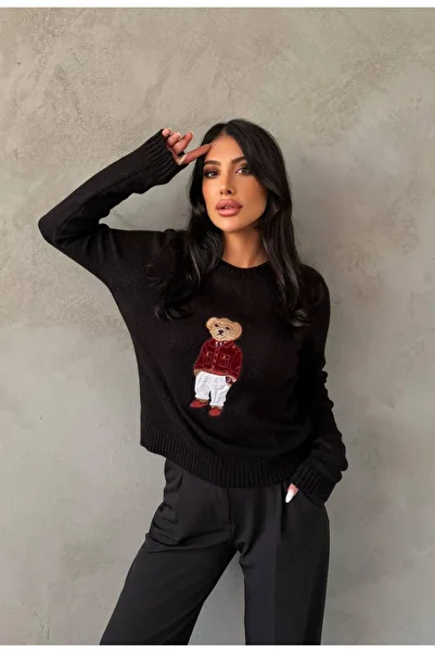 Lusin Women's Black Teddy Bear Crew Neck Sweater
