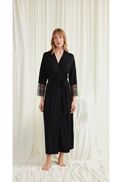 Genel Markalar Monamise Kadın Siyah Tam Boy Tasarım Dantelli ve Kuşaklı Pamuk...