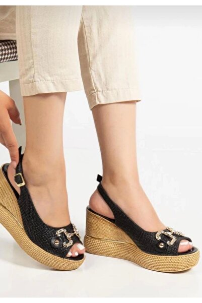 STILVANA Caver Black Leather Wedge Heel Sandals