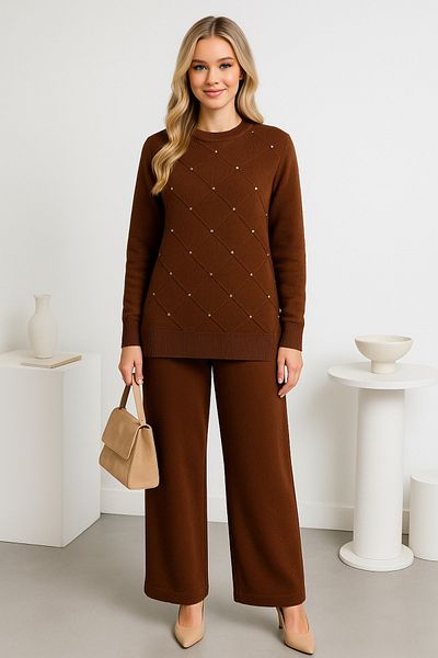 semela New Season Shining Stone Self-Embossed Baklava Pattern Knitwear Set