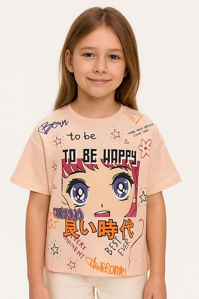 BY-GRİ Anime Printed Short Sleeve Girls T-Shirt