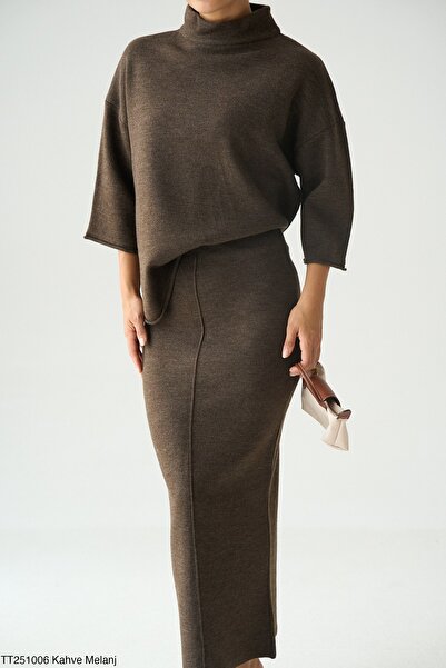 Miss Beyoğlu Knitwear Shabby Sweater and Long Cropped Skirt Bottom Top Suit