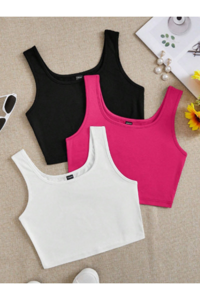HEREN Cotton Basic Strappy Crop Tank Top for Teenage Girls, Adult & Kids Set of 3 Half Tank Tops