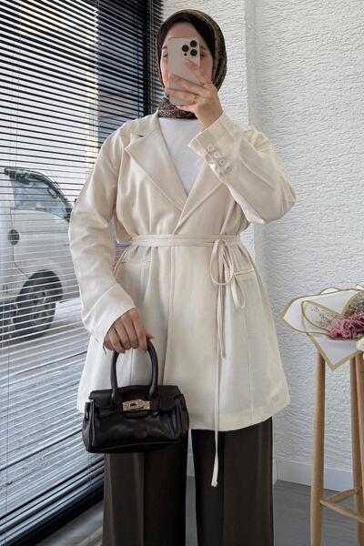 MELEK ARAZ Waist-Tie Linen Blazer Jacket – Stone