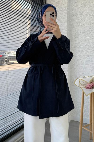 MELEK ARAZ Waist-Tie Linen Blazer Jacket – Navy Blue