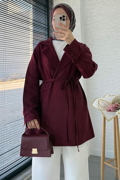 MELEK ARAZ Waist-Tie Linen Blazer Jacket – Burgundy