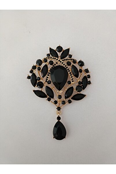 ESJ Kristal Zirkon Siyah Taş Büyük Boy Çelenk Kadın Broş Ebat: 6,5*9,5 cm